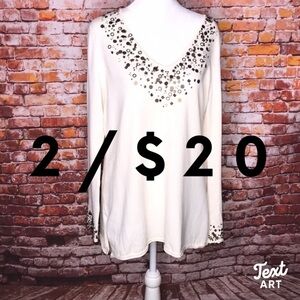 Vintage Papell Studio Ivory Boho Stretch Knit Beaded Blouse